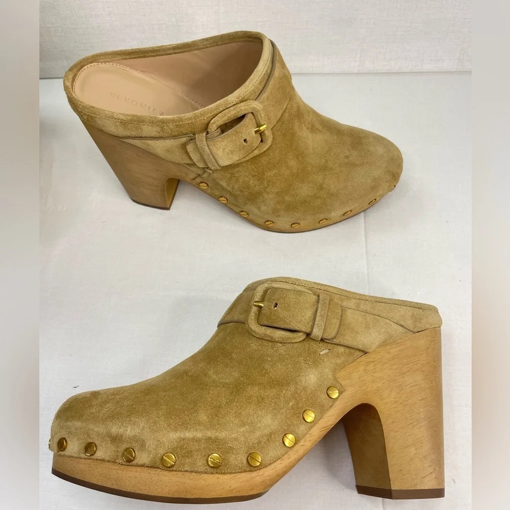 Veronica Beard Dacey Suede Studded Block Clogs in sand sz 10 M (F 655) - Picture 14 of 16